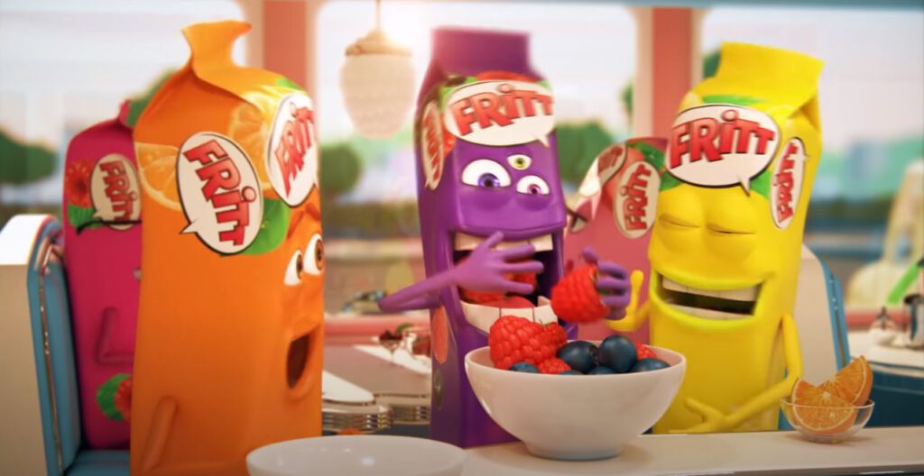 fritt minions looking happoy and eating fruits at a bar