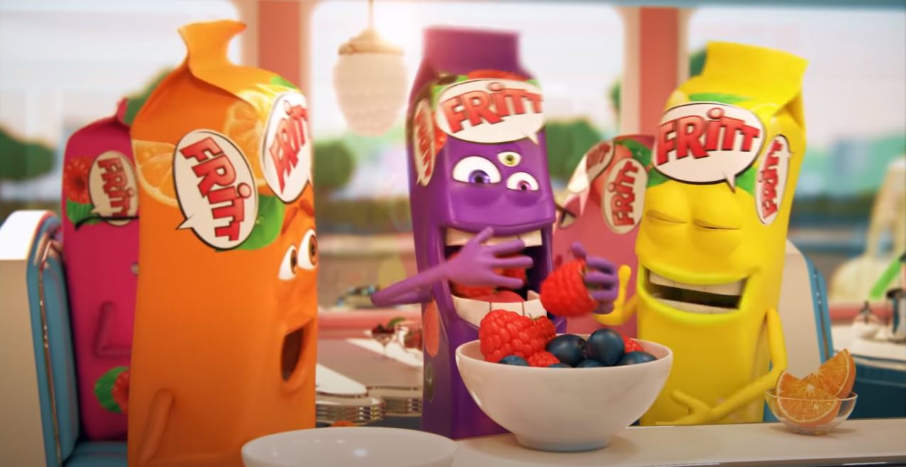 fritt minions looking happoy and eating fruits at a bar