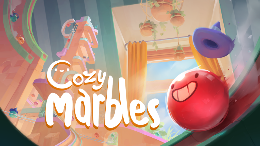 On the Picture you can see a happy marble running down a track. it is stylized as comic